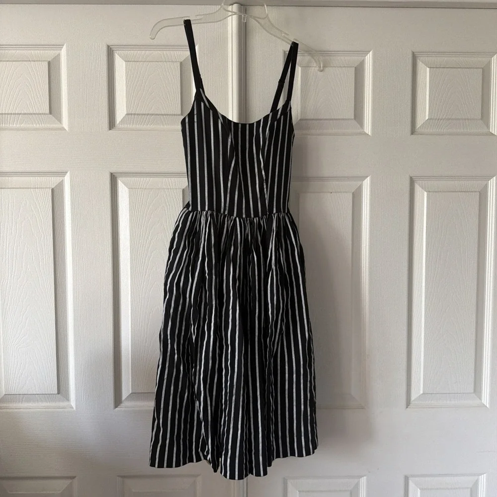 Pinup Couture Dress XS Black White Stripe Fit Flare Midi Pockets Lined Boning